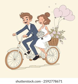 Happy couple riding tandem bicycle with heart balloons and flowers