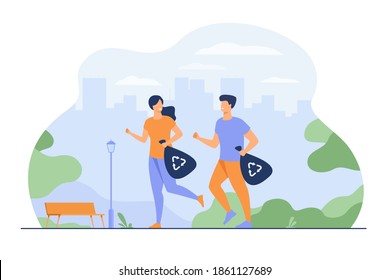 Happy couple running and carrying trash bags with recycling signs. Young people picking up litter while jogging. For plogging, eco friendly society, green sport activity concept