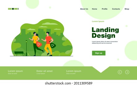 Happy couple running and carrying trash bags with recycling signs. Young people picking up litter while jogging. For plogging, eco friendly society, green sport activity concept