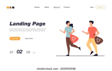 Happy couple running and carrying trash bags with recycling signs. Young people picking up litter while jogging. For plogging, eco friendly society, green sport activity concept