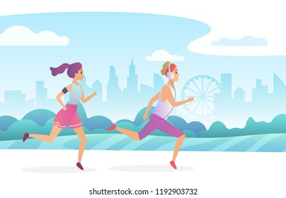 Happy couple running in the city public park. Trendy gradient flat style vector illustration.