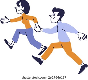 Happy couple running hand in hand, flat style vector illustration, joyful people, modern cartoon character design, teamwork and love concept.