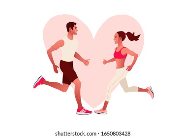 Happy couple running. Heart sign. Man and woman in love on morning jogging. Active and healthy lifestyle. Vector illustration style