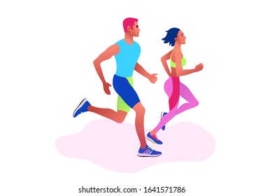 Happy couple running. Man and woman on morning jogging. Active and healthy lifestyle. Vector illustration style