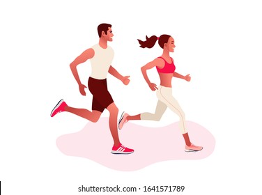 Happy couple running. Man and woman on morning jogging. Active and healthy lifestyle. Vector illustration style