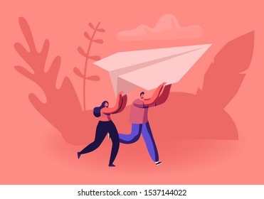 Happy Couple Running with Paper Airplane in Hands. Origami Hobby or Launching New Business Start Up Concept. Tiny Male and Female Character Fly Plane in Air Together. Cartoon Flat Vector Illustration