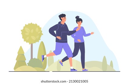 Happy couple running at summer park concept. Man and woman in sportswear doing cardio, running marathon or jogging. Husband and wife perform physical exercises. Cartoon flat vector illustration