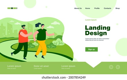 Happy couple running together in park. Male and female cartoon persons jogging in summer flat vector illustration. Healthy lifestyle, fitness concept for banner, website design or landing web page