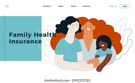 Happy Couple of Same Female Gender and Female Child Embracing Each Other. Family Health and Wellness. Modern Flat Vector Illustration. Website Banner Template.