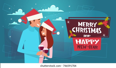Happy Couple In Santa Hats Embracing On Merry Christmas And Happy New Year Poster Flat Vector Illustration