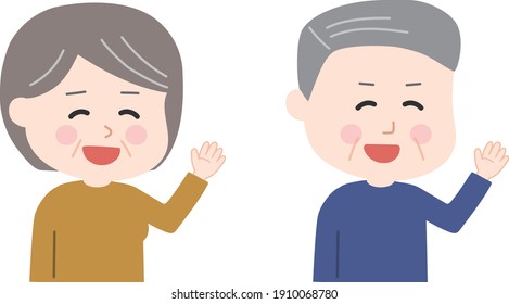 Happy couple saying hello to someone with gestures. Vector illustration isolated on white background.