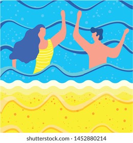 happy couple in the sea with swimsuit vector illustration