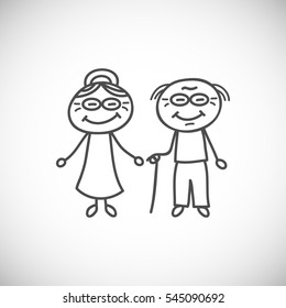 Happy couple of seniors. Grandmother and grandfather (cartoon doodle)