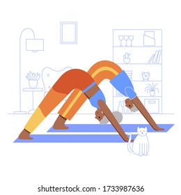 Happy couple of seniors performs yoga exercises at home. Old or mature male and female cartoon characters. Flat colorful vector illustration. Healthy lifestyle concept for posters or banners.