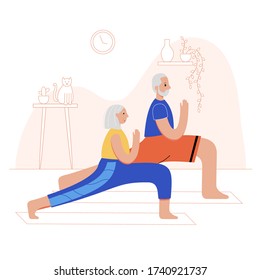Happy couple of seniors performs yoga exercises at home. Old or mature male and female cartoon characters. Flat colorful vector illustration. Healthy lifestyle concept for posters or banners.
