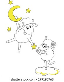  Happy couple sheep in love. Man on the moon gives the beloved woman stars. Idea for greeting card with Happy Wedding or Valentine's Day. Cartoon doodle vector illustration