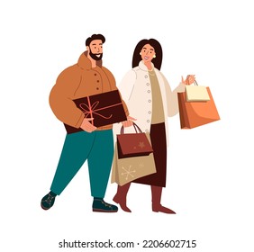 Happy couple with shopping bags and gift boxes for Christmas,winter vacation.Winter holidays.Man and woman during Xmas holiday preparation.Flat graphic vector illustration isolated on white background