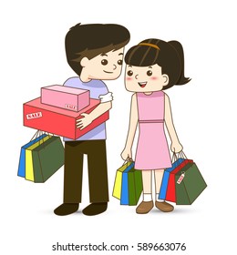 Happy couple with shopping bags in hand vector illustration