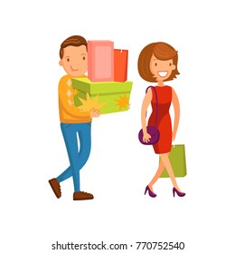 Happy couple shopping, family shopping in a mall cartoon vector Illustration