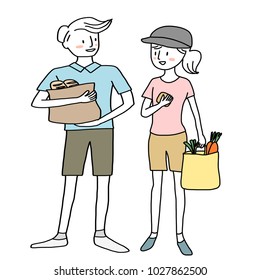 Happy couple shopping groceries together. Cute man and woman in casual outfit carrying grocery bags full of vegetables and breads. They talking and smiling to each other. Hand-drawn style vector.