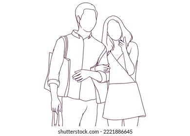 happy couple shopping hand drawn style vector illustration