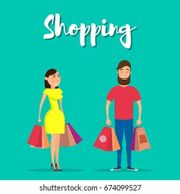 Happy couple with shopping. Happy man and woman holding shopping bags. Vector illustration in flat style