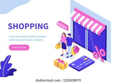 Happy couple shopping in store. Can use for web banner, infographics, hero images. Flat isometric vector illustration.