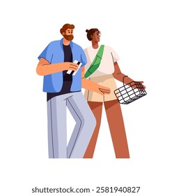 Happy couple shopping together in market. Customers hold grocery basket to carry goods at store. Buyers walk in supermarket, choose food to buy. Flat isolated vector illustration on white background