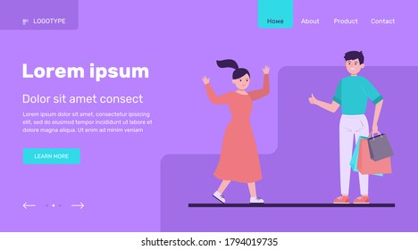 Happy couple shopping together. Support, bag, choosing flat vector illustration. . Relationship and family concept for banner, website design or landing web page
