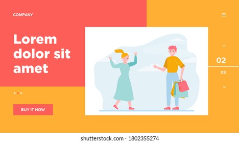 Happy couple shopping together. Support, bag, choosing flat vector illustration. . Relationship and family concept for banner, website design or landing web page