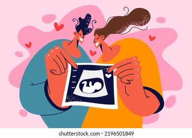 Happy couple showing picture of baby. Smiling man and woman demonstrate ultrasound embryo shot. Parenthood and pregnancy. Vector illustration. 