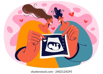 Glückliches Paar, das ein Babybild zeigt. Lächelnde Männer und Frauen zeigen Ultraschall-Embryoaufnahme. Elternschaft und Schwangerschaft. Vektorgrafik.