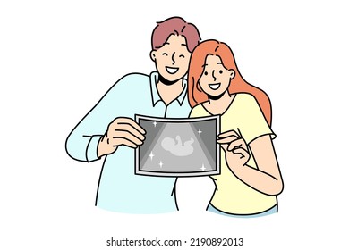 Happy couple showing picture of embryo. Smiling man and woman demonstrate ultrasound of baby excited with pregnancy and parenthood. Vector illustration. 