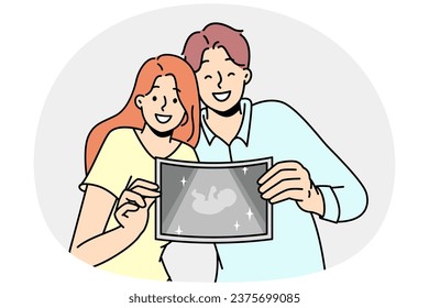 Feliz pareja mostrando la foto del embrión. Un hombre y una mujer sonrientes muestran ultrasonido de un bebé emocionado con el embarazo y la paternidad. Ilustración vectorial.