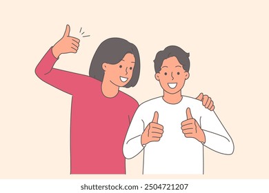 Happy couple shows thumbs up in agreement and hugs enjoying long-awaited meeting. Smiling man and woman showing thumbs up gesture as sign of recommending product tried or service received