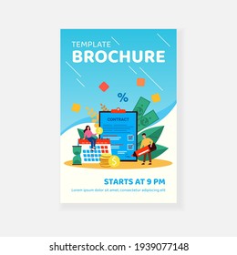 Happy couple signing loan agreement isolated flat vector illustration. Cartoon graphic man and woman taking bank credit and getting money. Mortgage and easy credit program concept