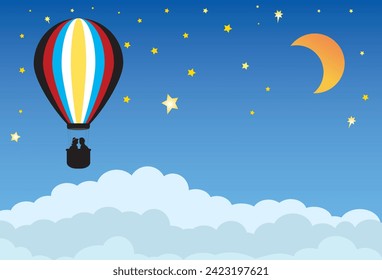 Silueta feliz pareja en un globo aerostático sobre nubes con cielo azul y sol y luna en el fondo