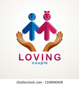 Happy couple simple vector logo or icon created with people geometric signs in a shape of arrows and care hands. Tender and loving relationship of man and woman, boyfriend and girlfriend.