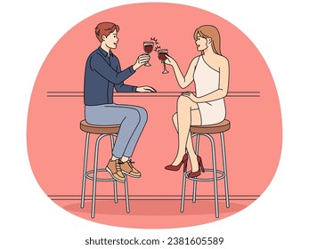 Happy couple sit at counter in bar cheers with wine enjoying date out. Smiling man and woman drinking cocktail relaxing on evening in restaurant. Vector illustration.