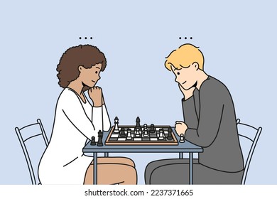 Happy couple sit at desk playing chess together. Man and woman engaged in logical board game at table. Hobby and entertainment. Vector illustration. 