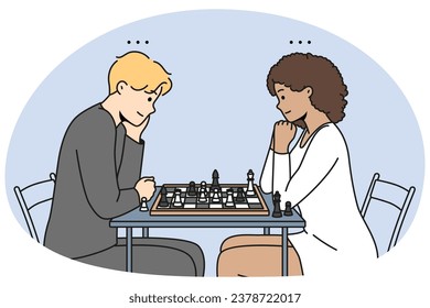 Happy couple sit at desk playing chess together. Man and woman engaged in logical board game at table. Hobby and entertainment. Vector illustration.