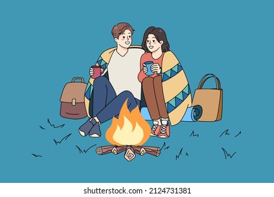 Happy couple sit near fire hugging cuddling drink warm tea or coffee enjoy romantic date outside. Smiling man and woman relax on evening nature weekend together. Romance. Vector illustration. 