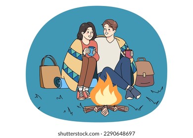 Happy couple sit near fire hugging cuddling drink warm tea or coffee enjoy romantic date outside. Smiling man and woman relax on evening nature weekend together. Romance. Vector illustration.