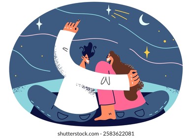 Happy couple sit on blanket in nature looking at stars at night. Smiling man and woman hug enjoy romantic date in evening. Vector illustration.