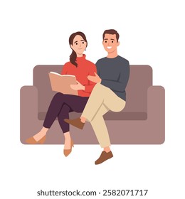 Happy couple sits on a couch, enjoying a book together while engaging in a warm conversation. Flat vector illustration isolated on white background