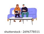 Happy couple sits on sofa, drinks coffee together. People relax on comfortable couch, reading paper book or fashion magazine in waiting room. Flat isolated vector illustration on white background