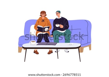 Happy couple sits on sofa, drinks coffee together. People relax on comfortable couch, reading paper book or fashion magazine in waiting room. Flat isolated vector illustration on white background