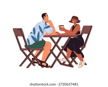 Pareja feliz se sienta en la mesa y tomar café en el patio. Chica y chico hablan mientras cita romántica en la terraza de la cafetería. Los amantes se reúnen al aire libre. Ilustración vectorial aislada plana sobre fondo blanco