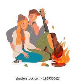 Happy Couple Sitting at Campfire with Guitar Embracing and Looking at Burning Fire Vector Illustration