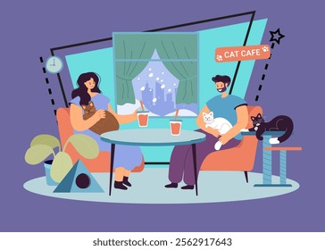 Happy couple sitting in cat cafe together. Young man and woman with adorable pets on laps flat vector illustration. Pet therapy, domestic animals concept for banner, website design or landing web page